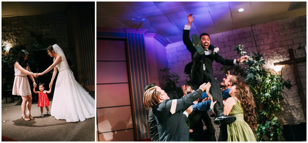 The bride and groom are dancing with their guests